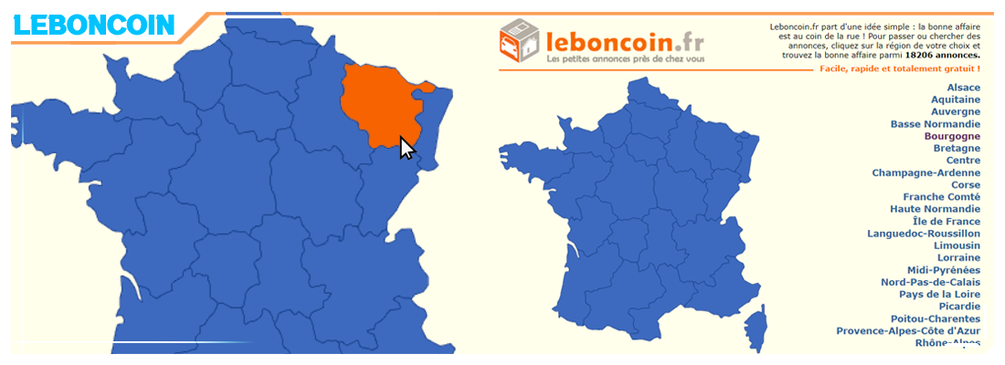 Le nom du projet est Le Bon Coin et l'image montre une carte interactive de la France pour un site de petites annonces misant sur la proximité