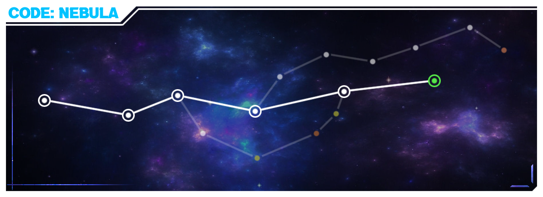 Le nom du projet est Code Nebula et l'image montre un chemin de points reliés qui représentent les choix validés avec des embranchements chemins alternatifs à consulter basés sur une représentation similaire à celle d'une galaxie, sur un fond spatial d'étoiles dans des nuances de violet
