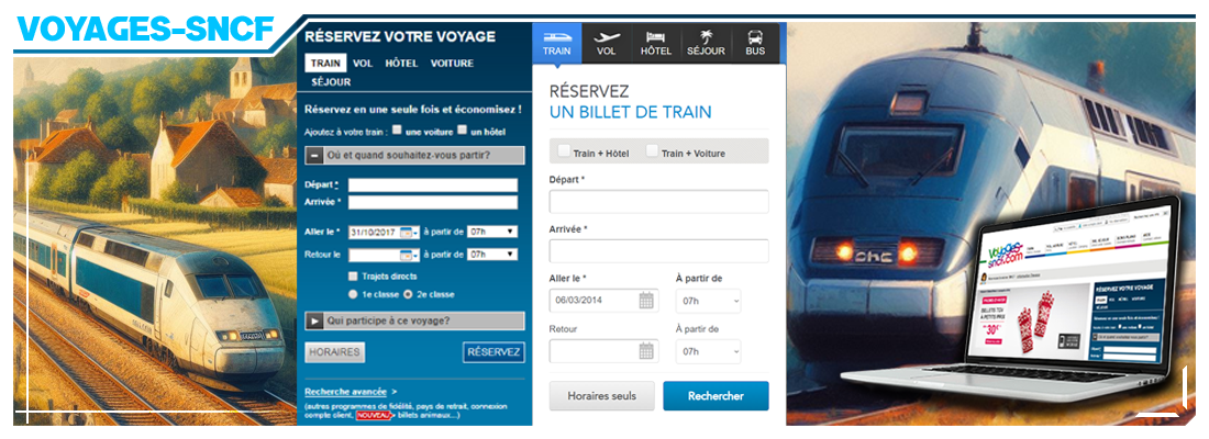 Le nom du projet est Voyages-SNCF et l'image montre deux trains dans des espaces ruraux ainsi que deux versions du même module de réservation rapide en ligne pour symboliser l'évolution du projet