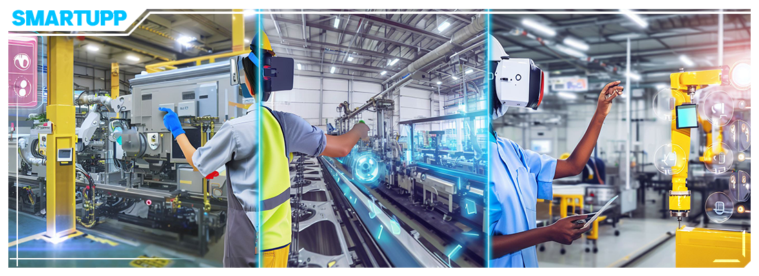 The name of the project is SmartUpp and the picture displays operators using VR headset in industrial factories and also holographic interface elements over the robotic machinery of the factory